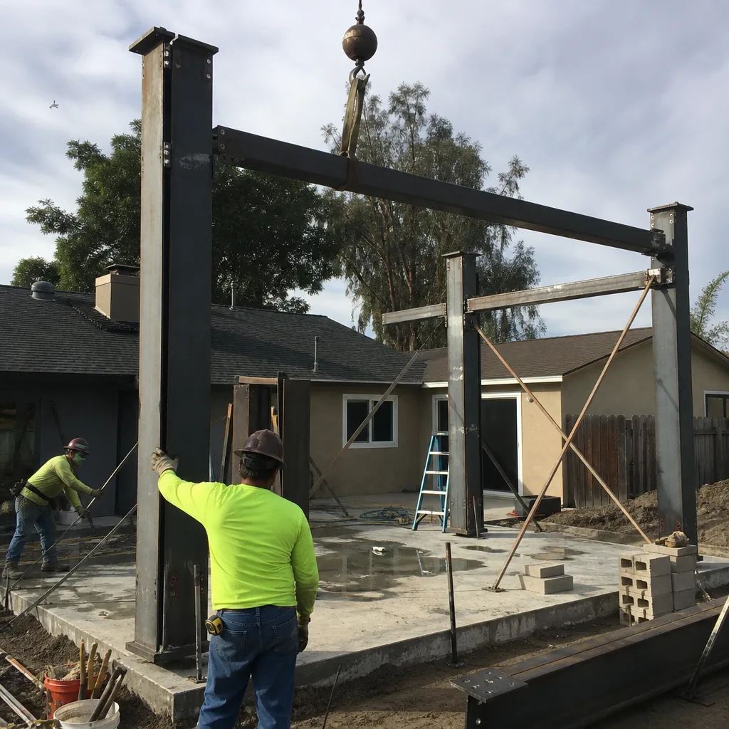 construction workers installing structural steel beams for an accessory dwelling unit