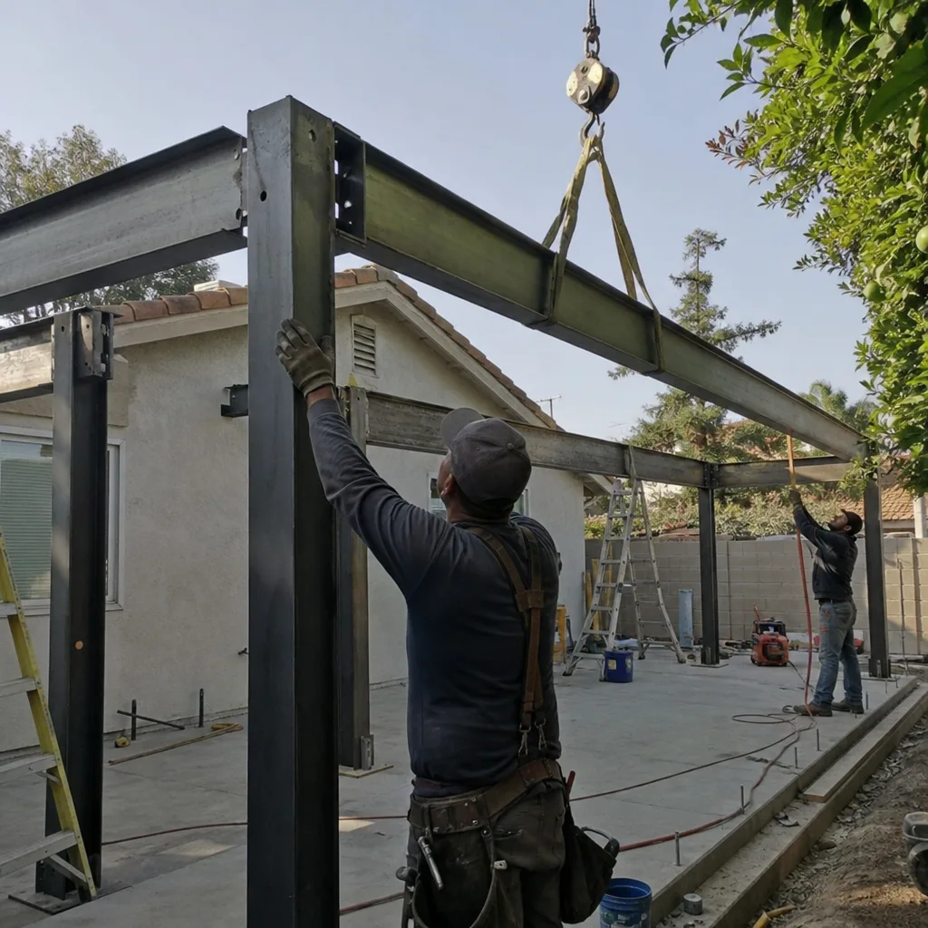Professional contractors assembling steel frame for an accessory dwelling unit construction