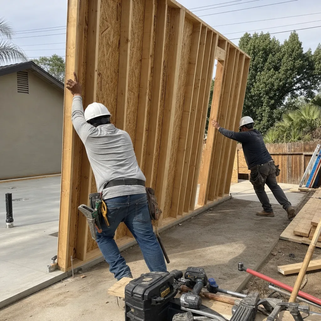 Two professional construction workers installing a wooden wall frame for an ADU.