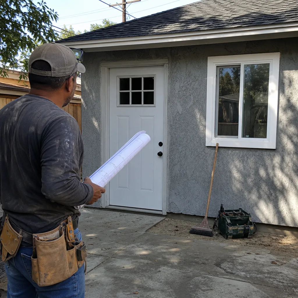 Contractor reviewing ADU blueprints in front of a new construction project