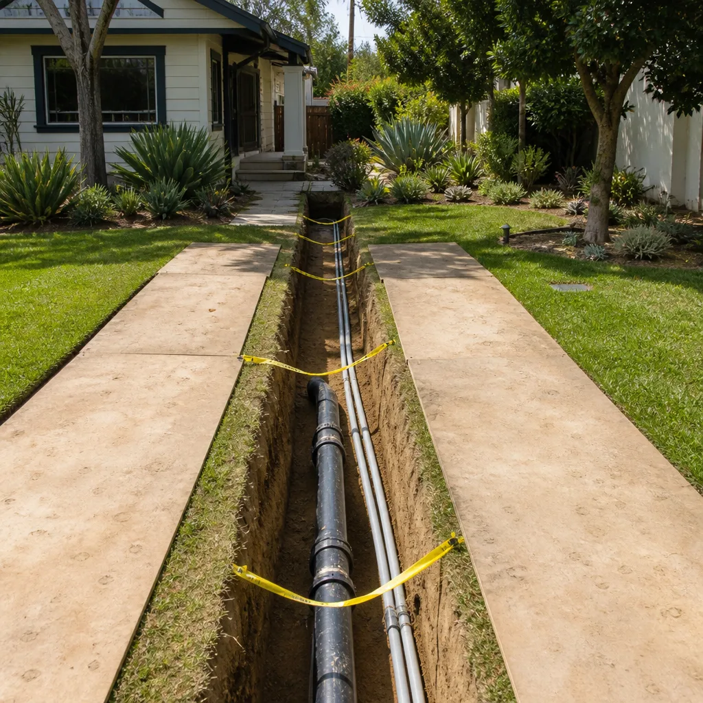 A utility trench with new sewer pipe and conduit